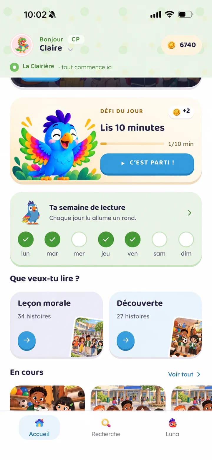 Écran d'accueil de l'application Kalimo : défi du jour, semaine de lecture et catégories d'histoires