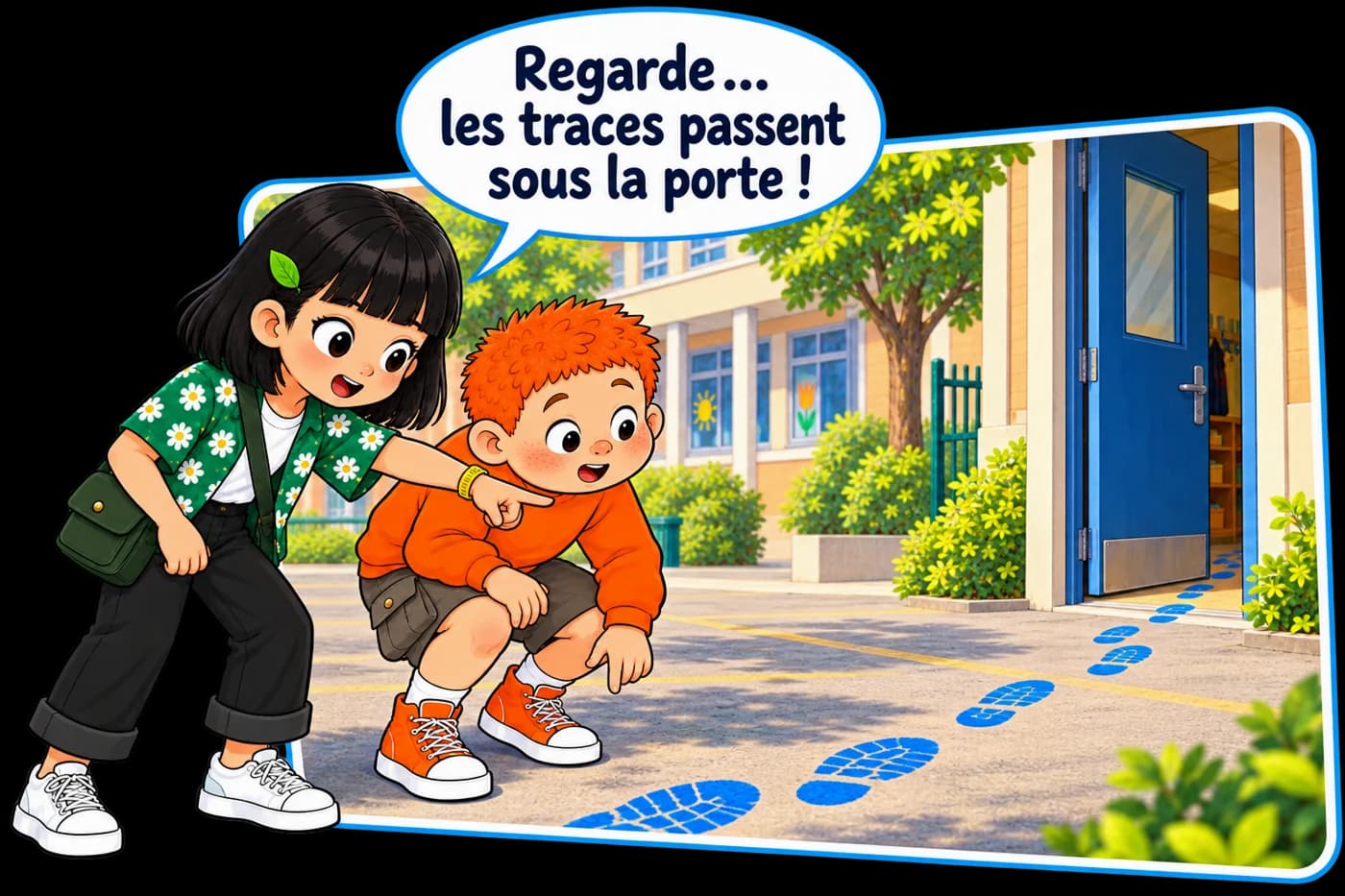 Case de bande dessinée : deux enfants suivent des traces de pas qui passent sous la porte de l'école. Bulle : « Regarde… les traces passent sous la porte ! »