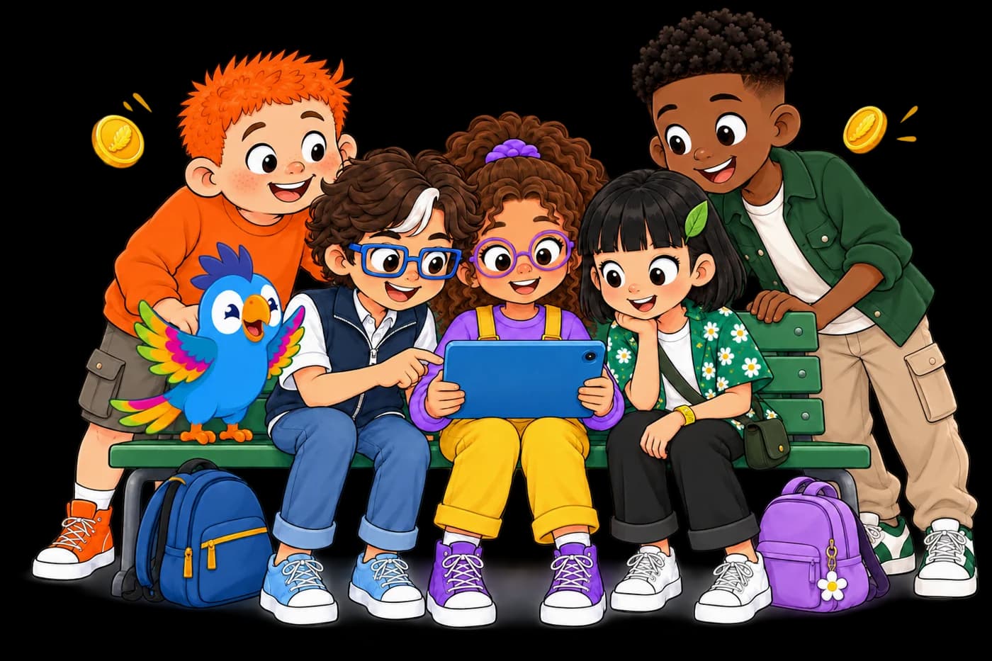 Une bande d'enfants lit ensemble une histoire Kalimo sur tablette, avec le perroquet Kalimo
