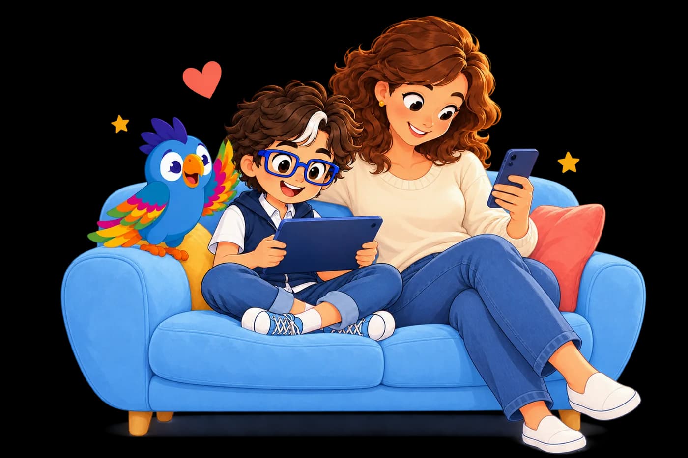 Une maman sourit en regardant son téléphone pendant que son fils lit sur tablette, le perroquet Kalimo à côté d'eux sur le canapé