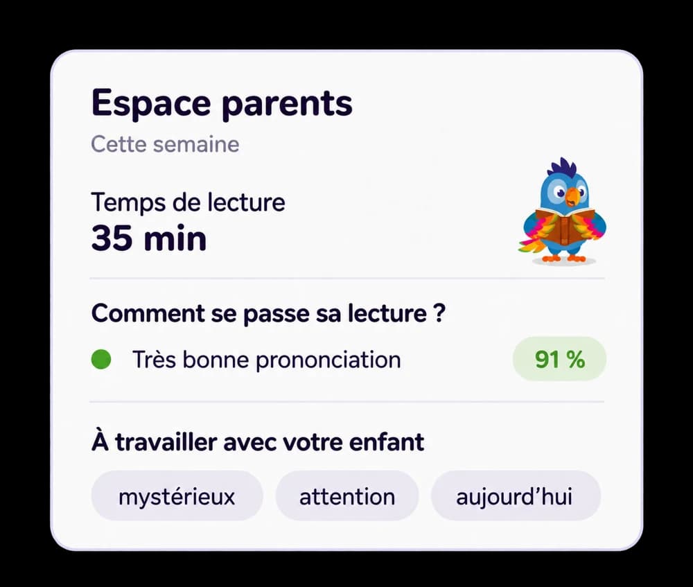 Espace parents Kalimo : temps de lecture de la semaine, qualité de la prononciation et mots à travailler avec votre enfant