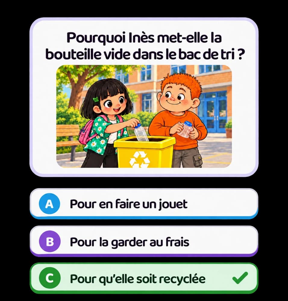 Quiz Kalimo : « Pourquoi Inès met-elle la bouteille vide dans le bac de tri ? » Bonne réponse : pour qu'elle soit recyclée