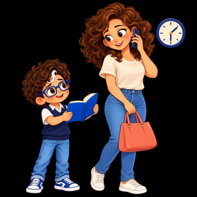 La maman pressée, au téléphone, pendant que son fils lui tend son livre